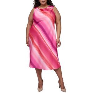 DKNY Womens Plus Size Printed Cowlneck Sleeveless Midi Dress 14W Azalea NWT $149